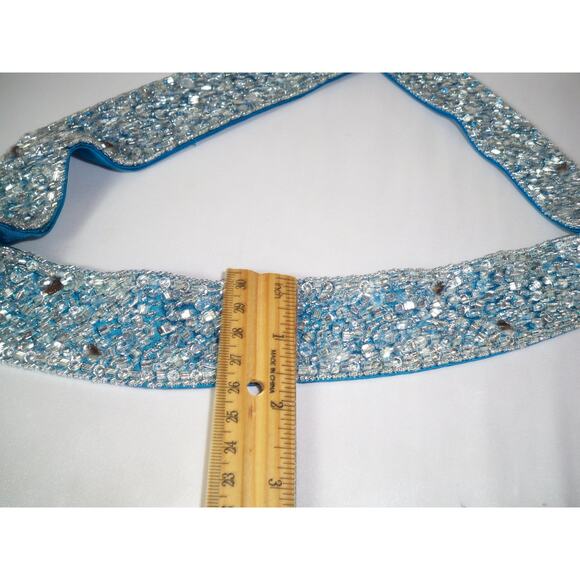 Teal blue beaded rhinestone satin belt prom formal dressy bridal dress belt sash main image 7